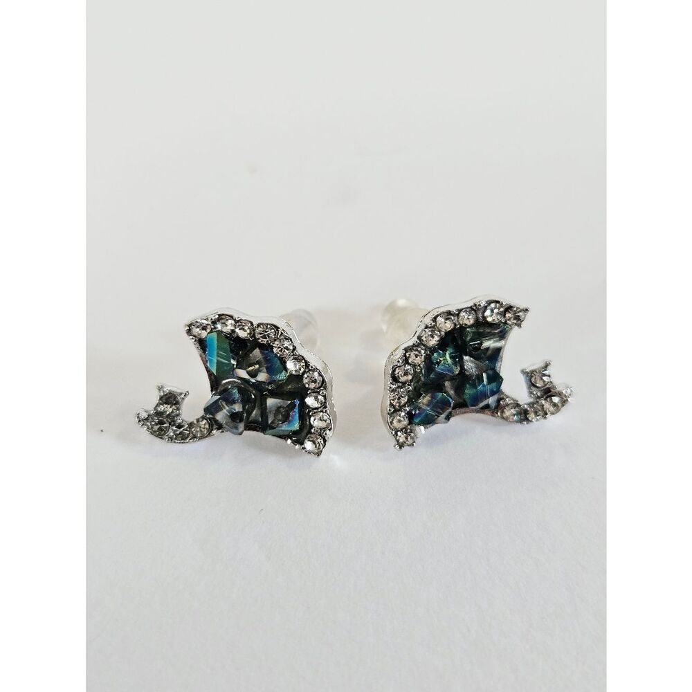 Aura Quartz Crystal Rhinestone Studded Gingko Leaf 925 Silver Signed Earrings